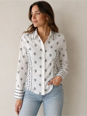 Rayure Paris White and Black Embroidered Button Down Blouse